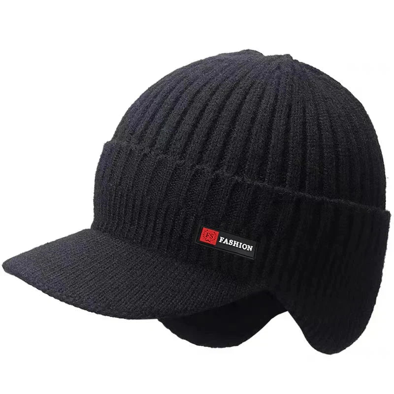 Men's Winter Knit Cap — Windproof Visor & Ear Protection Cycling Hat
