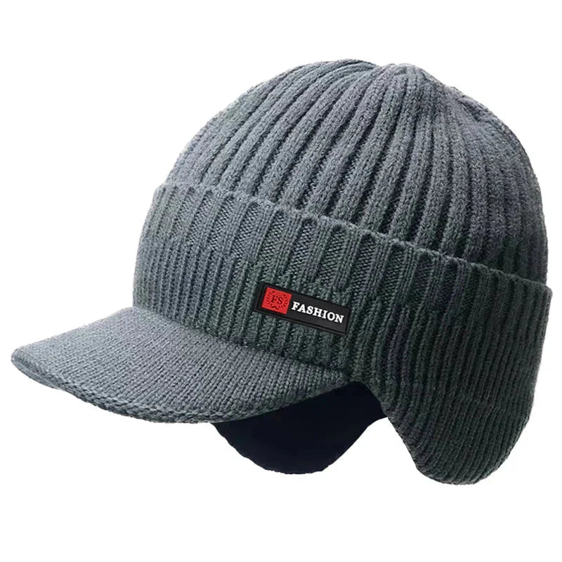 Men's Winter Knit Cap — Windproof Visor & Ear Protection Cycling Hat
